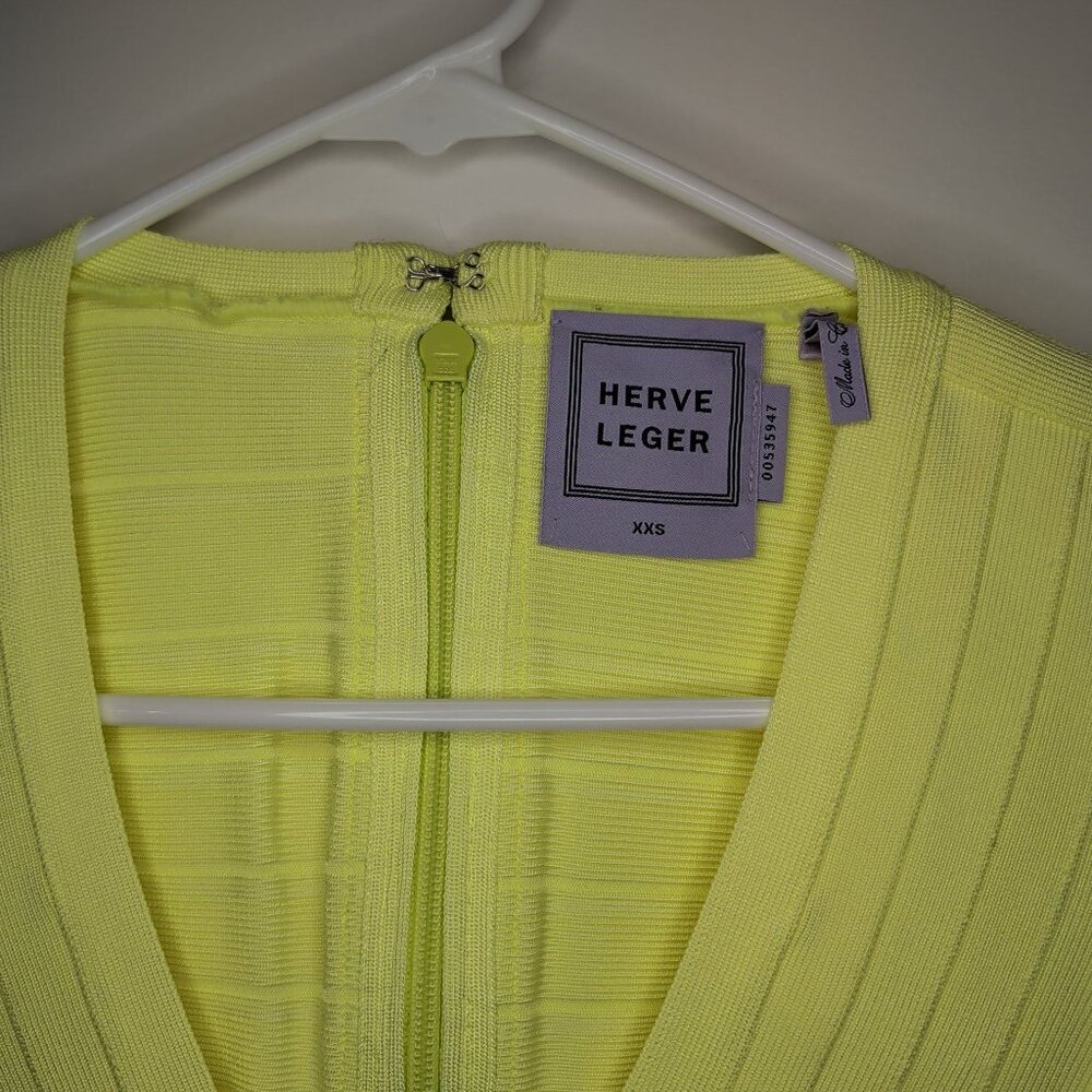 Herve Leger Neon Yellow/Green 'Nathalia' V-Neck 3/4 Sleeve Bandage Mini Dress - Picture 9 of 12